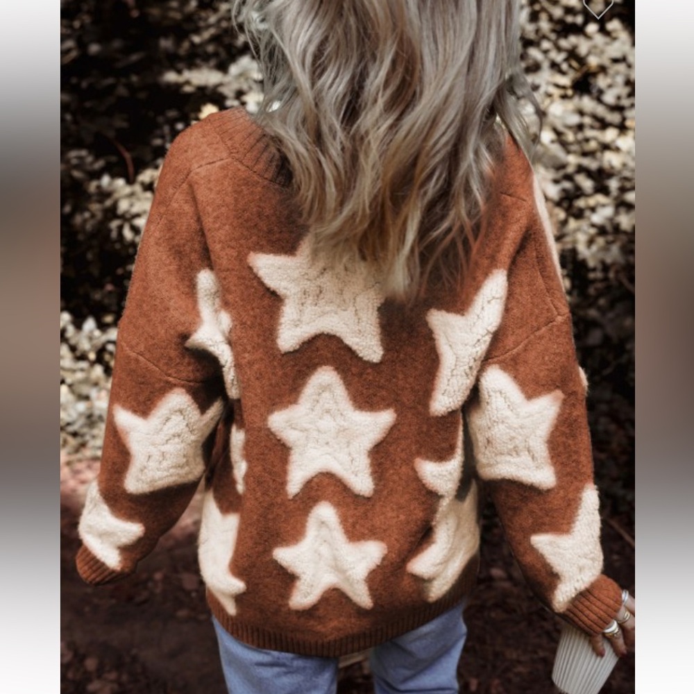 B058–(🚨 3 COLORS) Star Patterned Thick and Cozy Cardigan Sweater - Picture 2 of 7